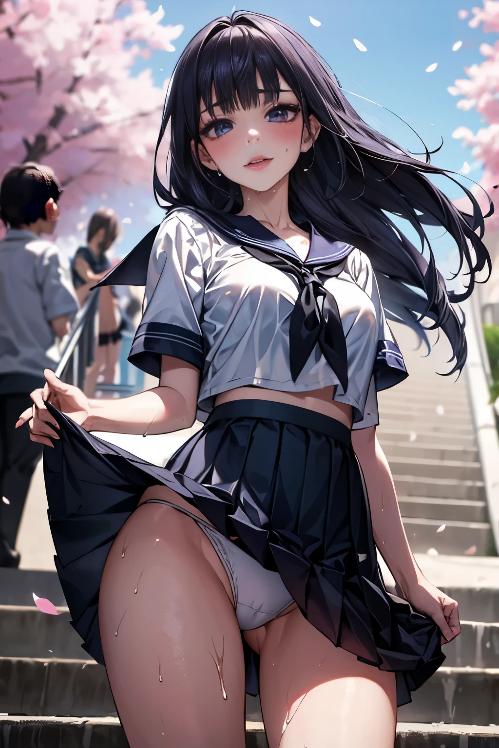 (Best quality, 8K, Masterpiece:1.3, 1 girl, solo, Beautiful girl), cute, Dynamism, Detailed face, Detailed skin, detailed clothes, Detailed eyes, Detailed lips, Detailed tongue, Detailed fingers, Detailed mouth, Photorealistic, Raw photo, highres, hight resolution, Natural lighting, dynamic pose, perfect anatomy, toned legs, double eyelids, tear bags, round eyes, moist lips, sweaty, ecstatic face, monokini sailor school uniforms, tie, pleated skirt, black hair, straight long hair, blunt bangs, stairs, crowds, half closed eyes, masturbation, wet clothes, cherry blossom, from below, erotic panties, skirt lift herself, blush, pov, nsfw