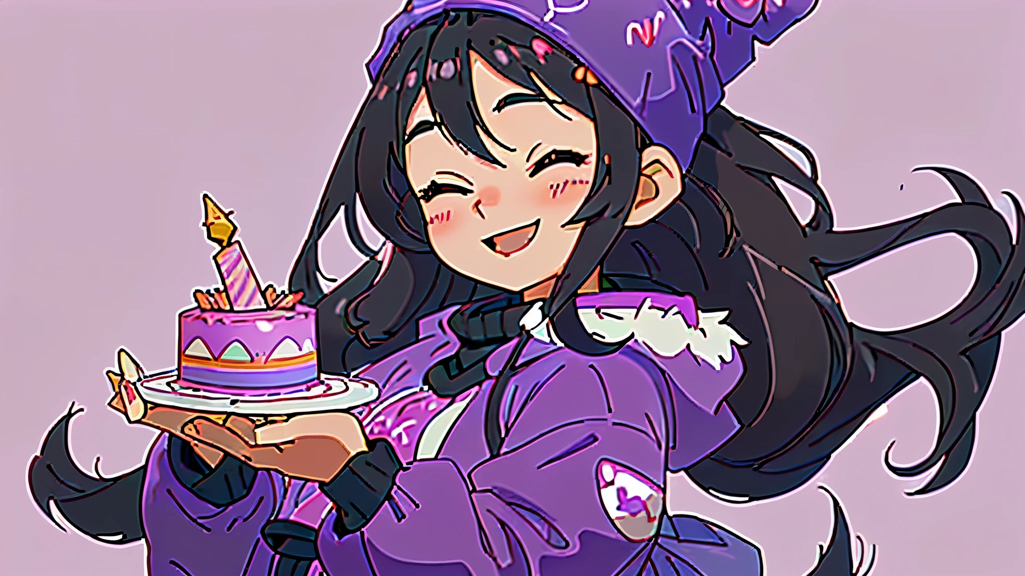 1girl, holding a birthday cake, black hair, smiling, blushing, happy, fluffy purple winter outfit, brown eyes, black hair, eyes closed