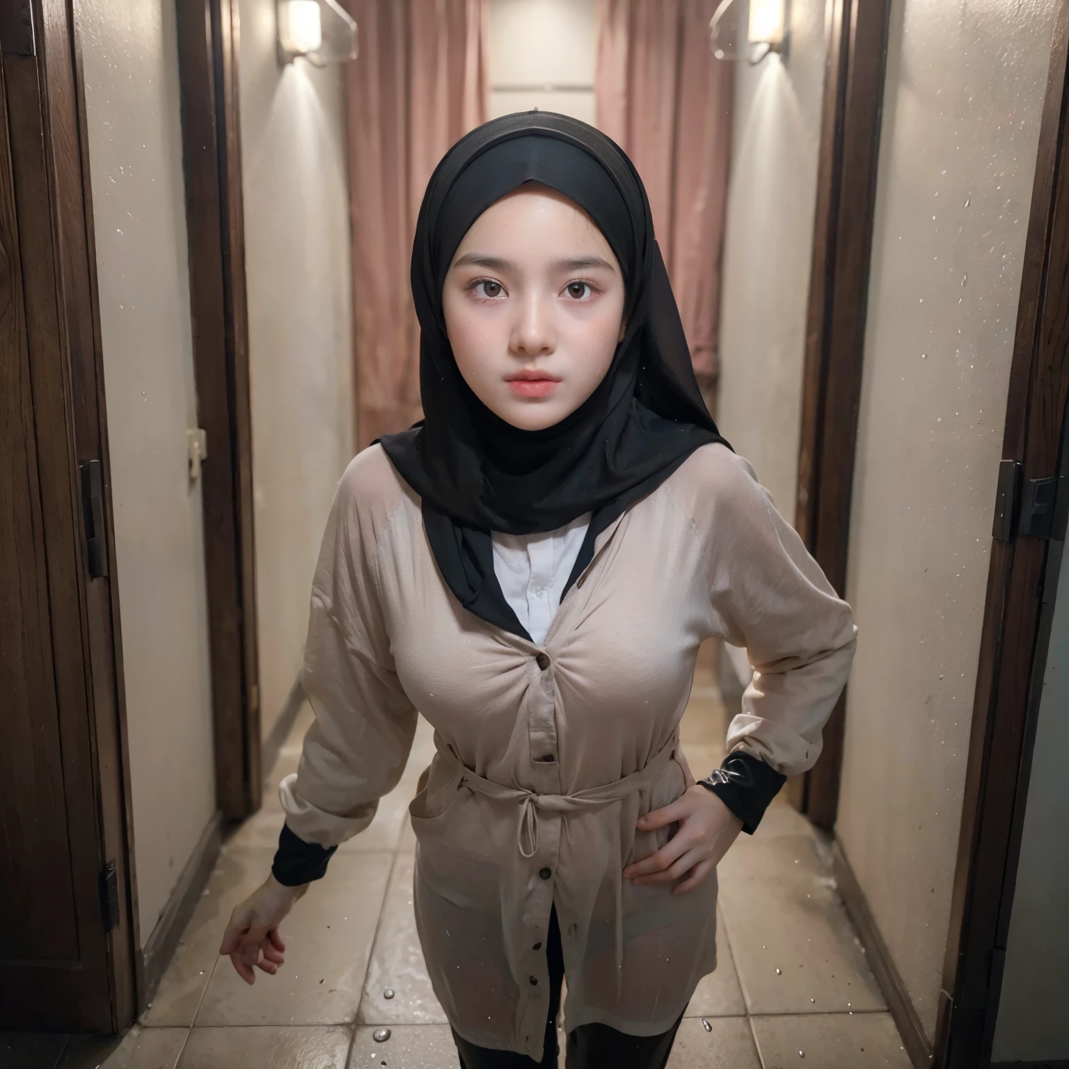 (( 1girl, muslim girl, nude, fully naked, showing beautiful nipples, showing beautiful pussy, unbuttoned hijab, really wet, really wet clothes, see thru, wearing really wet long abaya hijab, splashing water)),(8K, rich detail, crisp detail, sharp image, RAW photo, highest quality, High resolution:1.1), (hyperrealistic:1.4),(realistic, photorealistic:1.3), soft light,realistic face,realistic body,realistic skin,disorganized,masterpiece,(cute:1.8), 165cm height, , (((baby face, round face))), ((Beautiful big breast)), ((medium length, floating hair, (dark hair)), hair), cold, fine black eyes,innocent eyes,droopy eyes,Watery eye,blush,good style,colorful lights,film Grain,,look viewer,((full Body photograph)), teenager,proional lighting,portrait,photon mapping,radio city,Physically based rendering, japanese girl, in front of my front door