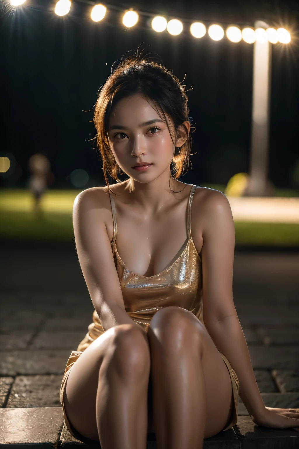 short Indonesian girl sitting sweating in the park at night with a relaxed sitting pose like a model facing the camera, naked. The photo is very detailed and cinematic and the light is real 4k