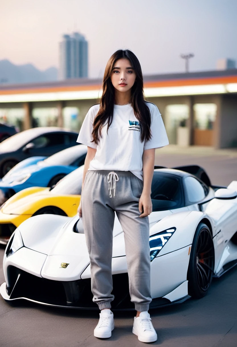 Create a realistic full HD 8K high resolution photo, detailed, full body photo, beautiful detailed girl, soft smile, 20 year old Indonesian with long straight black brown hair, wearing a colorful raglan t-shirt that says "Distro" and oversized jogger pants, Vans shoes, standing next to a Devel Sixteen sports car - United Arab Emirates
 Full vinyl car modification in drift style with a background in the Seven Eleven parking lot at night.