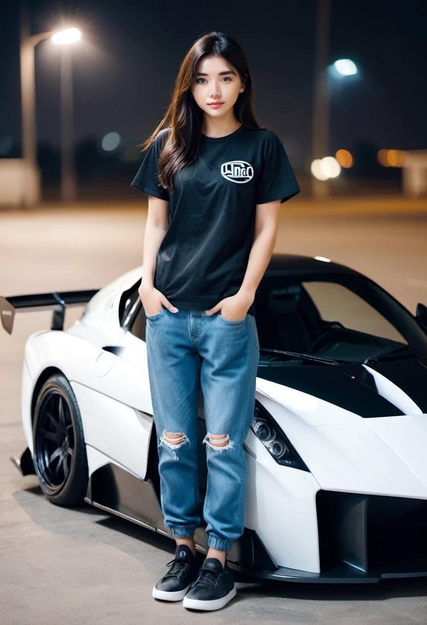 Create a realistic full HD 8K high resolution photo, detailed, full body photo, beautiful detailed girl, soft smile, 20 year old Indonesian with long straight black brown hair, wearing a colorful raglan t-shirt that says "Distro" and oversized jogger pants, Vans shoes, standing next to a Devel Sixteen sports car - United Arab Emirates
 Full vinyl car modification in drift style with a background in the Seven Eleven parking lot at night.