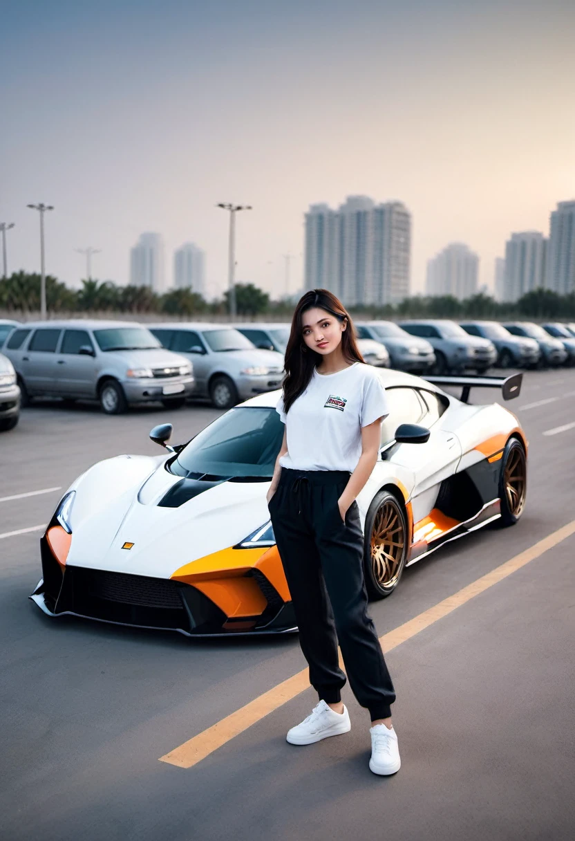 Create a realistic full HD 8K high resolution photo, detailed, full body photo, beautiful detailed girl, soft smile, 20 year old Indonesian with long straight black brown hair, wearing a colorful raglan t-shirt that says "Distro" and oversized jogger pants, Vans shoes, standing next to a Devel Sixteen sports car - United Arab Emirates
Full vinyl car modification in drift style with a background in the Seven Eleven parking lot at night.