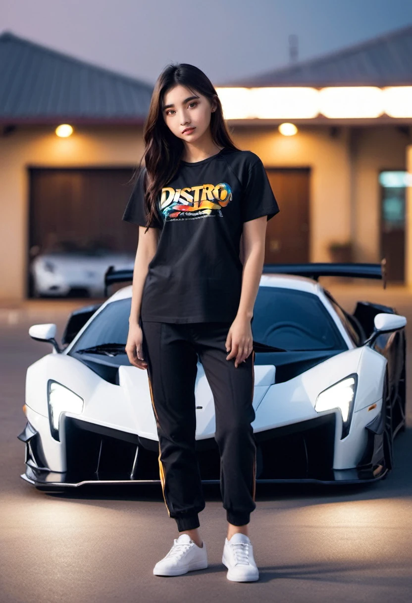 Create a realistic full HD 8K high resolution photo, detailed, full body photo, beautiful detailed girl, soft smile, 20 year old Indonesian with long straight black brown hair, wearing a colorful raglan t-shirt that says "Distro" and oversized jogger pants, Vans shoes, standing next to a Devel Sixteen sports car - United Arab Emirates
 Full vinyl car modification in drift style with a background in the Seven Eleven parking lot at night.