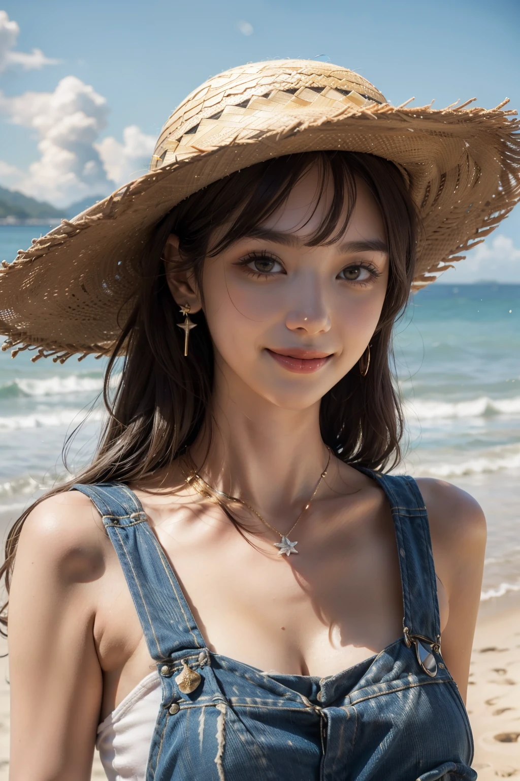 (HighestQuality, 8K,32k,masterpiece, UHD:1.2),Highly detailed CG Unity 8K wallpaper,intricate details,Raw photo,(realistic:1.4),atmosphere,ultra high resolution,genuineistic,genuine,Huge_file size,incredibly absurd,(in the center:1.3),ultra illustration,(Super detailed),dramatic lighting,different colors,written boundary depth,art:Krenz Kushart,golden hour lighting,Photographed with Canon EOS,SIGMA art lens 35mm F1.4,ISO200 Shutter speed 2000,blurred background,
break,
1 girl,(smile:1.5),because I'thin,(Straight long hair with see-through bangs,:1.4),alone,20 year old Japanese beauty, (beach,straw hat,overalls:1.5),(light brown hair:1.5),((brown eyes)),largechest,chest, Soft white skin that shines in every detail,pale skin,very beautiful face,very well-shaped face,natural and realistic face,Highest,fine and beautiful eyes,impressive, Big eyes,fine eyes, smile, smile with your mouth closed, detailed mouth,lip details,glossy beautiful lips,glossy lips,simple earrings,necklace,jewelry, alone focus,low neckline,
break,
light from the front,nice,Are standing,sensual expression, break,
(Dutchangle:1.4),looking at the viewer,
break,Tzuyu,Yui Aragaki,
