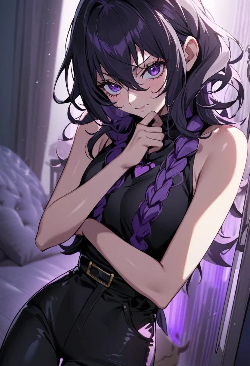 (best quality,highres,4k,masterpiece:1.2),solo,woman,kafka,(purple hair,long hair,beautiful detailed eyes,beautiful detailed lips,fit body,fashionable,makeup,black dress,high heels),portrait,studio lighting,vivid colors,sharp focus