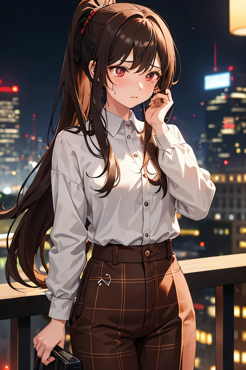 1girl,20y.o,using brown checkered shirt with black trousers,brown hair,mullet haircut,long hair,ponytail hairstyle,light red eyes,night city background,facing forward position with a sad expression shedding tears