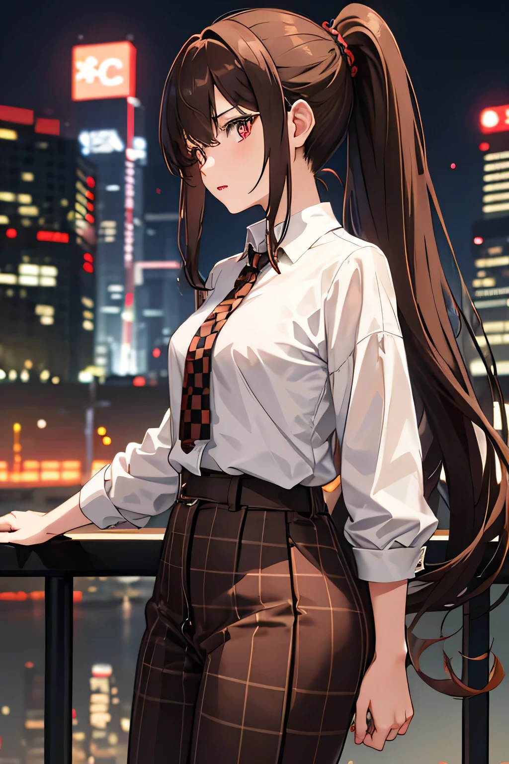 1girl,20y.o,using brown checkered shirt with black trousers,brown hair,mullet haircut,long hair,ponytail hairstyle,light red eyes,night tokyo city background,sadexpression