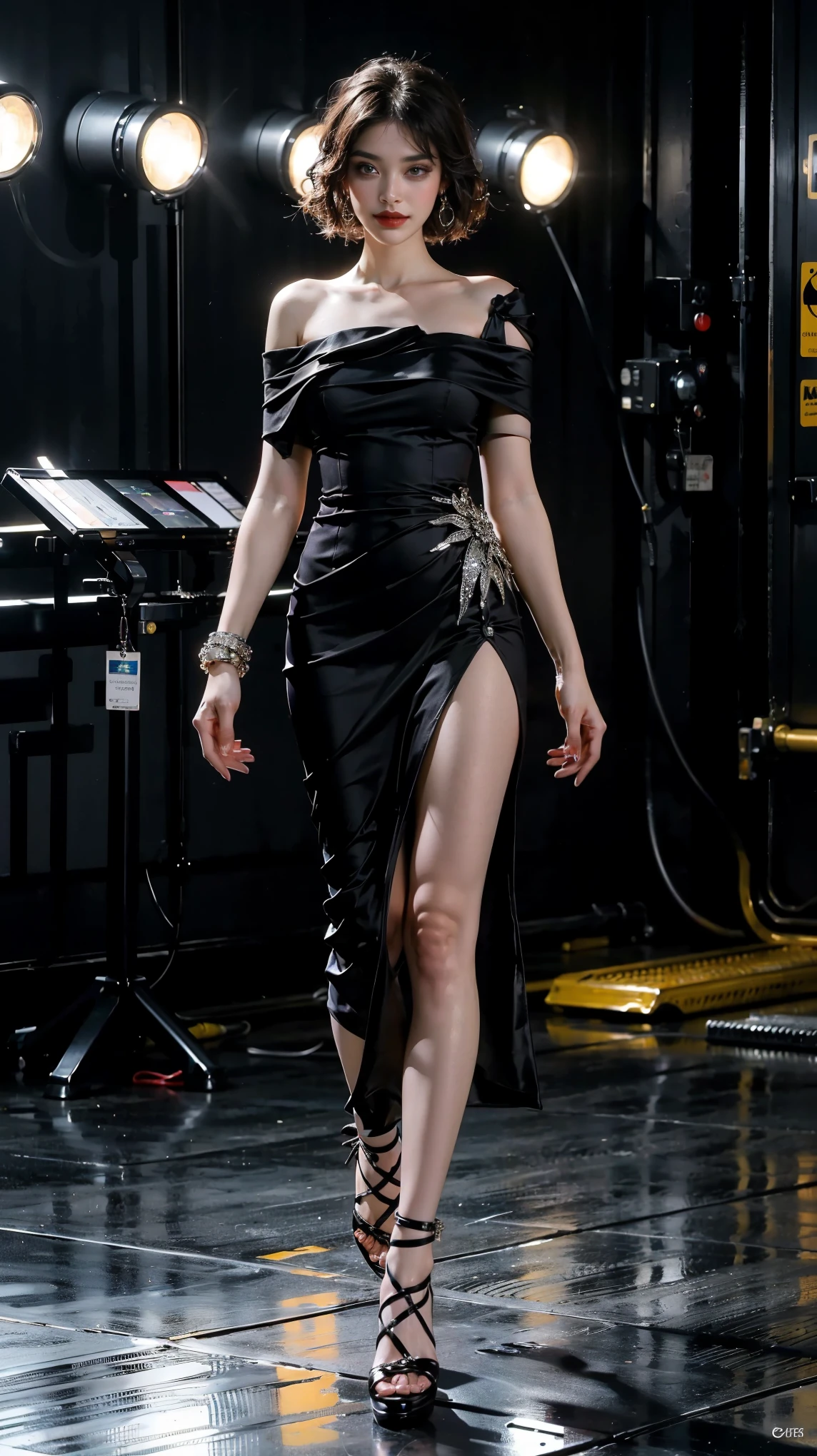 (ultra-detailed, photorealistic, best quality,4k,8k,highres,masterpiece:1.3), Korean actress, female villain role, snow-white skin, air of mystery, power, pitch-black hair, perfect waves, face frame, red velvet lipstick, striking feature, villain role, danger, allure, sexy office dress, fitted, black pencil dress, Givenchy, figure accentuation, powerful persona, Christian Louboutin black stilettos, authoritative presence, Accessories, Cartier Panther Ring, danger, luxury, makeup, bold, elegant, Chanel's Rouge Allure Velvet lipstick in La Fascinante, lips pop, eyes accentuated, smoky eye look, Urban Decay's Naked Smoky Eyeshadow Palette, movements, confident, calculated, step, authority, character, gaze, intense, captivating, smile, rare, enchanting, slightly menacing, villain role, (((intricate detail, super finely detailed hands, ultra finely detailed fingers, ten fingers, striding confidently, full body showcase, show full body))).