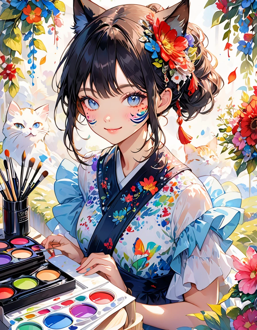 Colorful style, digital art (Cat personality), official art, front, smile, masterpiece, fair, ((watercolor)), Face painting, Ink splash, intricate details. eyes are very delicate, [drop:0.5], art station trends, Rachel Walker