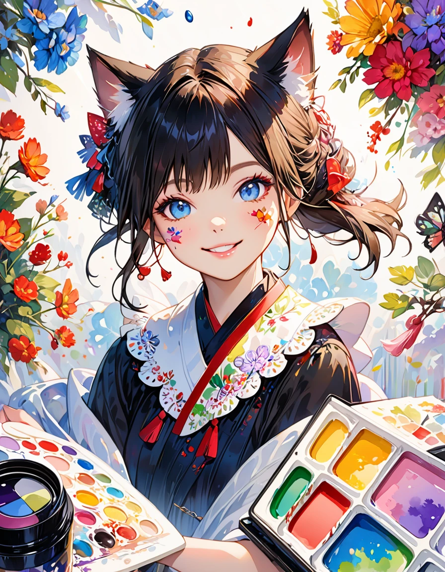 Colorful style, digital art (Cat personality), official art, front, smile, masterpiece, fair, ((watercolor)), Face painting, Ink splash, intricate details. eyes are very delicate, [drop:0.5], art station trends, Rachel Walker