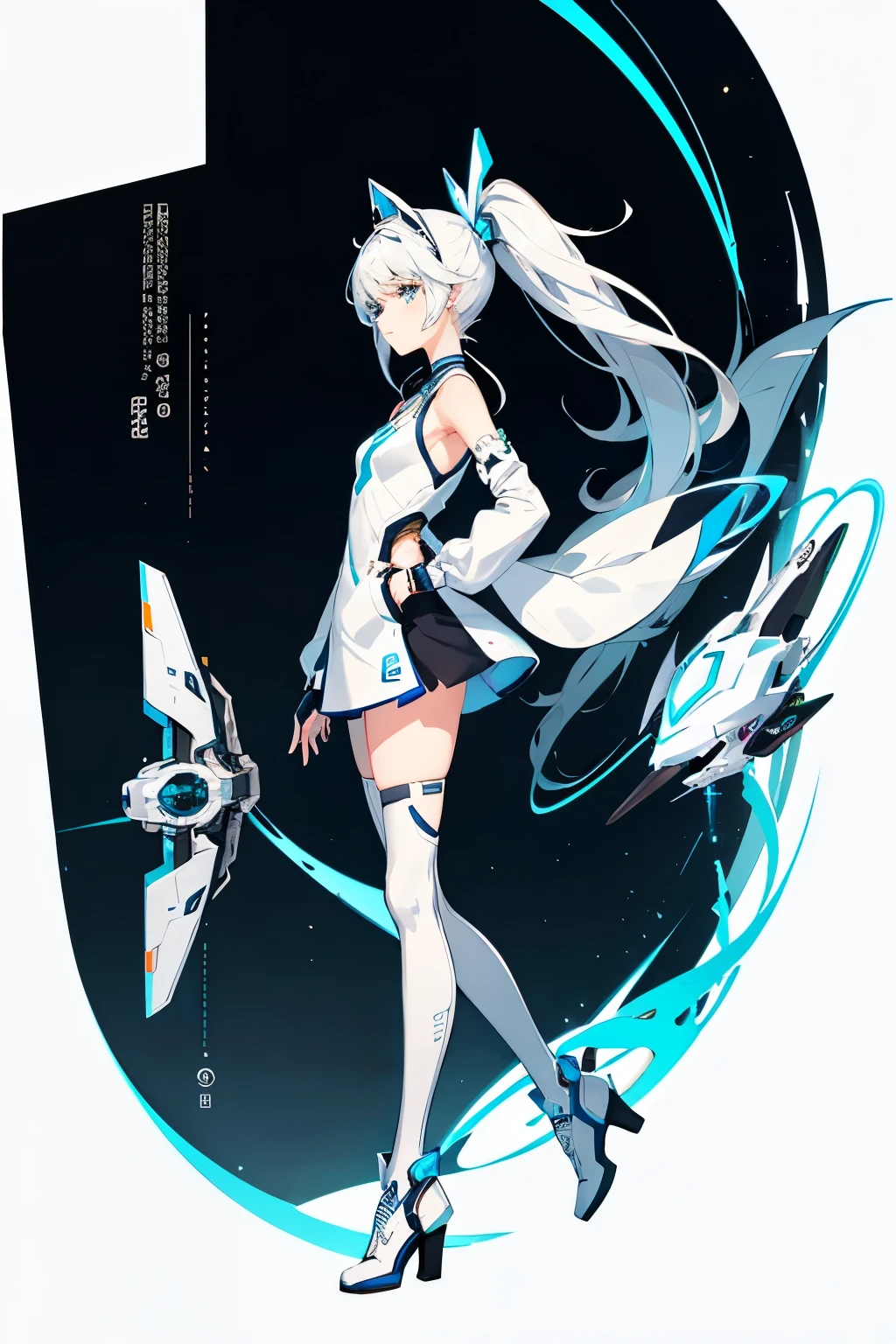 Beautiful character design with a futuristic twist, featuring a girl integrating technology into her anime-inspired appearance. Q-version, cartoon-style representation of a young woman in a white tone outfit, equipped with advanced technology.
Three views of the anime-style girl:
1. Front view: Long, wavy white hair with a techie headband, big, expressive blue eyes, a white tank top with intricate tech patterns, and a sleek white helmet.
2. Side view: Lean figure, slender legs, and white thigh-high boots with integrated circuit displays. White jacket puposedly covering hi-tech equipment and a hint of a side ponytail.