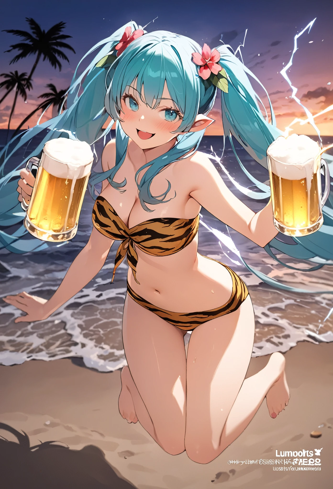 (masterpiece, best quality), lum,1 elven girl, ( bare breasts, thigh), (light blue hair, twin tails ,very long hair is fluttering in the wind), full body, hand on hip , hair between eyes, multi colored hair,hair flower ornament ,(blush, smile, aqua eyes), open mouth, holding, cleavage, swimsuit, cup, beach, holding cup, alcohol, mug, beer, gold beer, beer mug,
very long hair, twin tails ,aqua hair, multi colored hair, flower hair ornament, breasts, looking at viewer, blush, jumping , smile, aqua eyes, close mouth, bangs, beach ,seashore, palm tree, navel, cleavage, bare shoulders, large breasts , strapless swimsuit, tiger print strapless swimsuit ,full body, strapless bikini, tiger print strapless bikini , pointy ears, electricity, tiger print, strapless bikini, electrokinesis