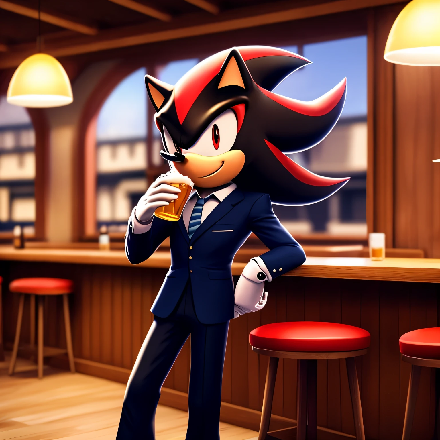 shadow the hedgehog with a business suit, smiling, in a pub, drinking beer, anime style, sixties movie style,  8k