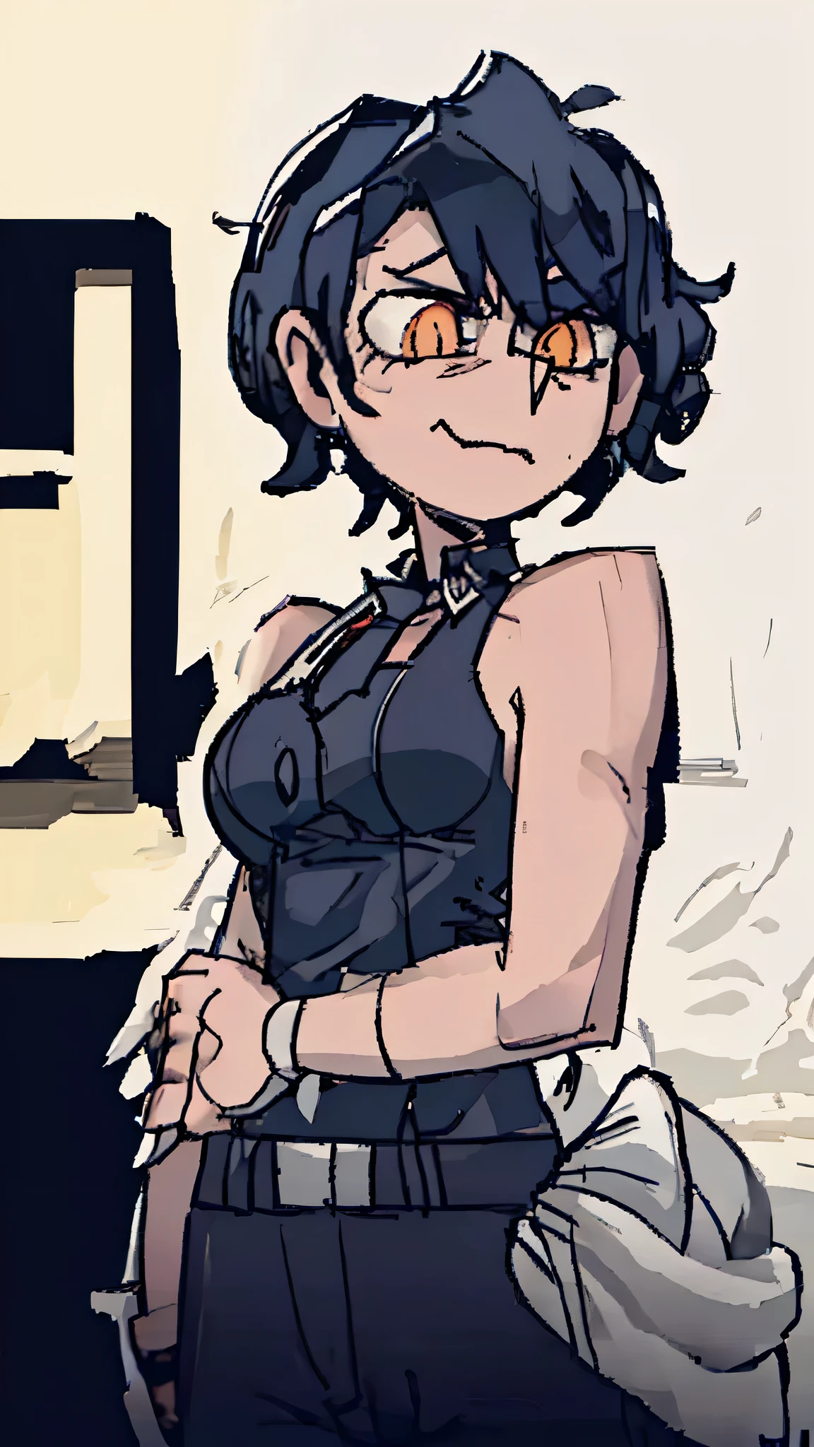 A mature girl,vertical painting,Dark blue short hair,Stylish short hair,Orange eyes,Occupation: Sherman tank captain during World War II。