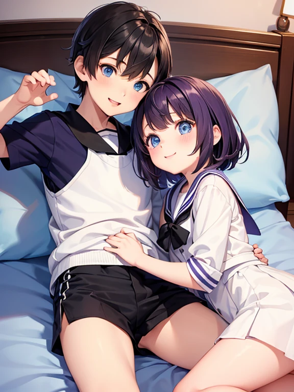 best quality, exceptional precision, (Two people), (one boy and one girl), พวกเขาcute, purple hair, blue eyes, short hair, Shota and , sailor suit, black shorts, pair, innocent, on the bed, lying on the bed together, cute, Love each other., smile, be happy, Focus on character