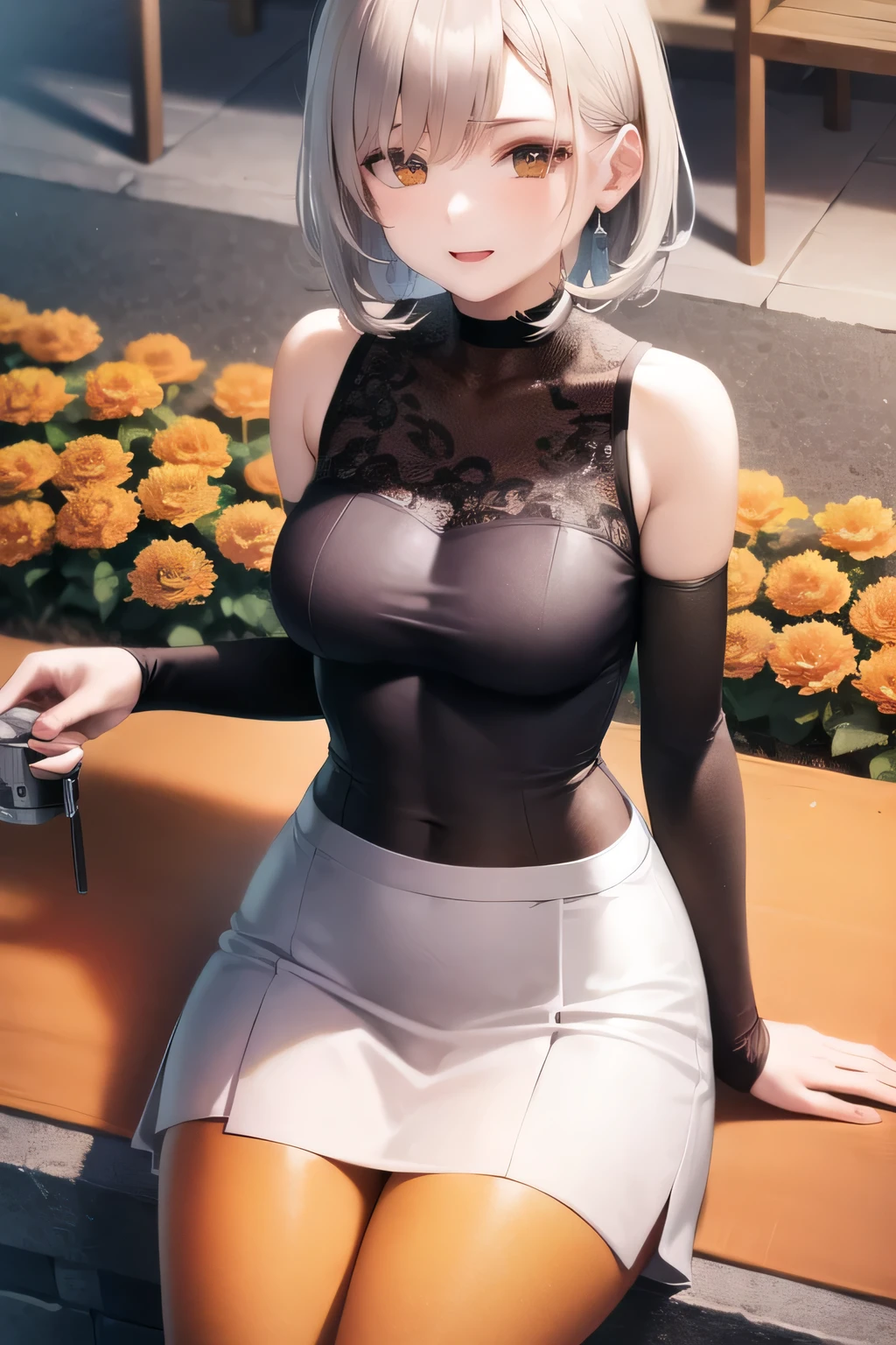 (masterpiece:1,2), best quality, high resolution, The original, Very detailed wallpaper, looking at the audience, (sitting:1.4), A girl standing in the middle, (Orange flowers:1.4), 1humanoid cyborg girl, happy, Smile, (Manipulator:1.05), [[cyborg]], metal mixture, , brush, (luminescent_Eye:0.95), (separate sleeves), Silver_hair, hair_between_Eye, Sigma 135mm lens, (Cowboy shooting:1.2), Upper body, perfect lighting, (Extremely detailed CG:1.2), 8K, (commemorative photo:1.4)
