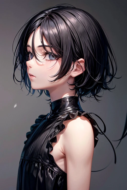 1 boy, short black hair (with two longer strands on both sides of the face), black eyes, black clothes