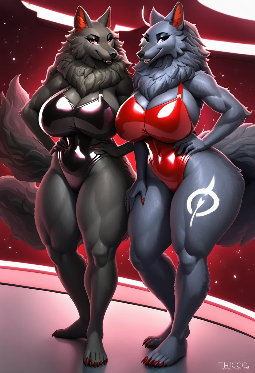 highly detailed, high quality, masterpiece, beautiful, (full shot, side view, normal angle), 2 tall voluptuous mature athletic female wolf facing each other looking at the viewer in love, black fur, white tribal markings on thighs, red inner ear, red one piece swimsuit latex, large breasts, feet, 5 toes, toe claws, red claws, plantigrade, wide hips, curvy figure, curvaceous, smooth fur, long fur face, thick thighs, thicc, long wolf tail, fluffy tail, wide and long snut, long wolf's mane, red eyes, black clera, black leaves, standing, hand on thighs, feet together, presenting ass, looking at the viewer, Mocking Look, happy face, in a space ship