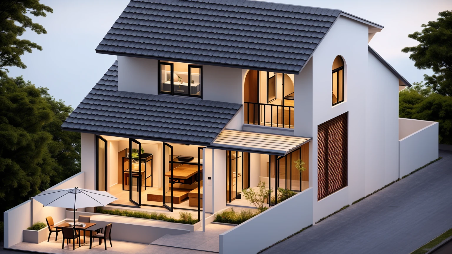 Perspective of a modern house with a large enough front yard, main materials are light yellow walls, stone and wood,roof tile red, a road running in front of the house, (RAW photo, real, best quality, masterpiece: 1.2), current view modern minimalist, 1 street in front of house, shime ring light, indoor brightness:1.2, dynamic lighting:1.3, (hyper-realistic, photo-realistic:1.2), high quality, daylight, contrast high:0.5 perfect light, Archdaily, contemporary masterpiece award, award winning contemporary, beautifully designed masterpiece, spacious modern mansion, modern neo-traditional, wide angle exterior 2022 , mid-century modern, contemporary home, stylish modern feel, long front view, award-winning modern design, stunning lines, residential, exquisite details, indoors gently:1.3