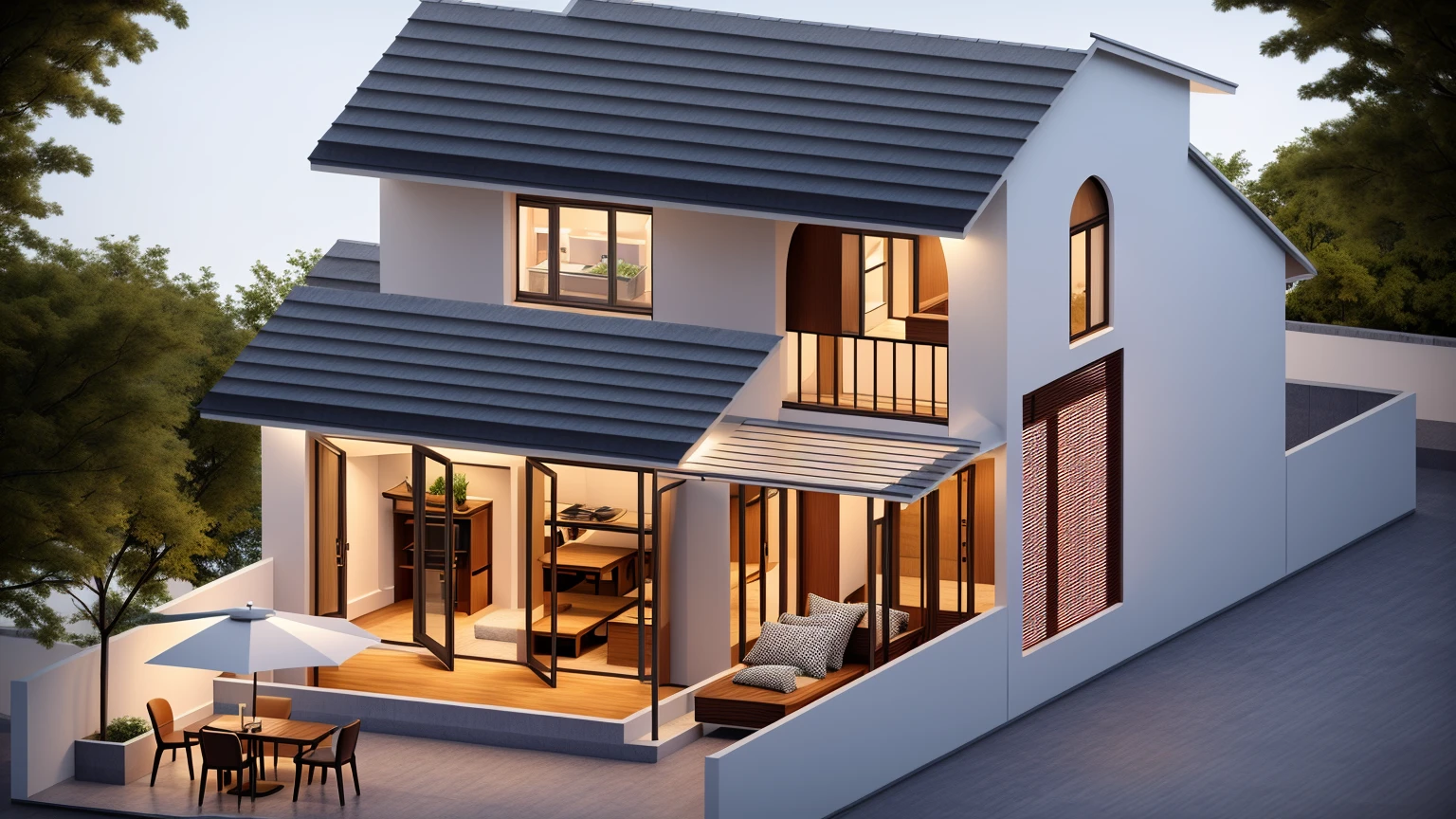 Perspective of a modern house with a large enough front yard, main materials are light yellow walls, stone and wood,roof tile red, a road running in front of the house, (RAW photo, real, best quality, masterpiece: 1.2), current view modern minimalist, 1 street in front of house, shime ring light, indoor brightness:1.2, dynamic lighting:1.3, (hyper-realistic, photo-realistic:1.2), high quality, daylight, contrast high:0.5 perfect light, Archdaily, contemporary masterpiece award, award winning contemporary, beautifully designed masterpiece, spacious modern mansion, modern neo-traditional, wide angle exterior 2022 , mid-century modern, contemporary home, stylish modern feel, long front view, award-winning modern design, stunning lines, residential, exquisite details, indoors gently:1.3
