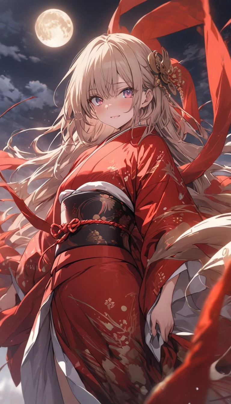 (highest quality、masterpiece、High resolution、detailed), BREAK,(Shining eyes、detailed beautiful face)､anime、masterpiece, anime、, BREAK,highest quality, samurai in red kimono, Fabric flowing through the air, moon, northern grassland, software