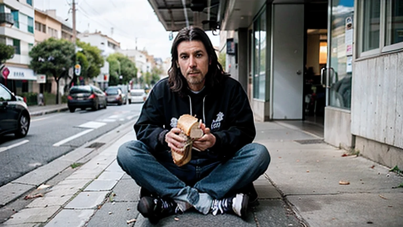 Make a homeless man sitting on a park sidewalk eating a sandwich, con un par de gatos senatdos al rededor de el (el vagabundo visto desde un poco arriva, the vagabond will see himself sitting down while he sees up) (lo mas realista posible)(Alright, pero expande la imagen, y pon dos gatos y deja un espacio en la acera desocupado)(visto de freste)