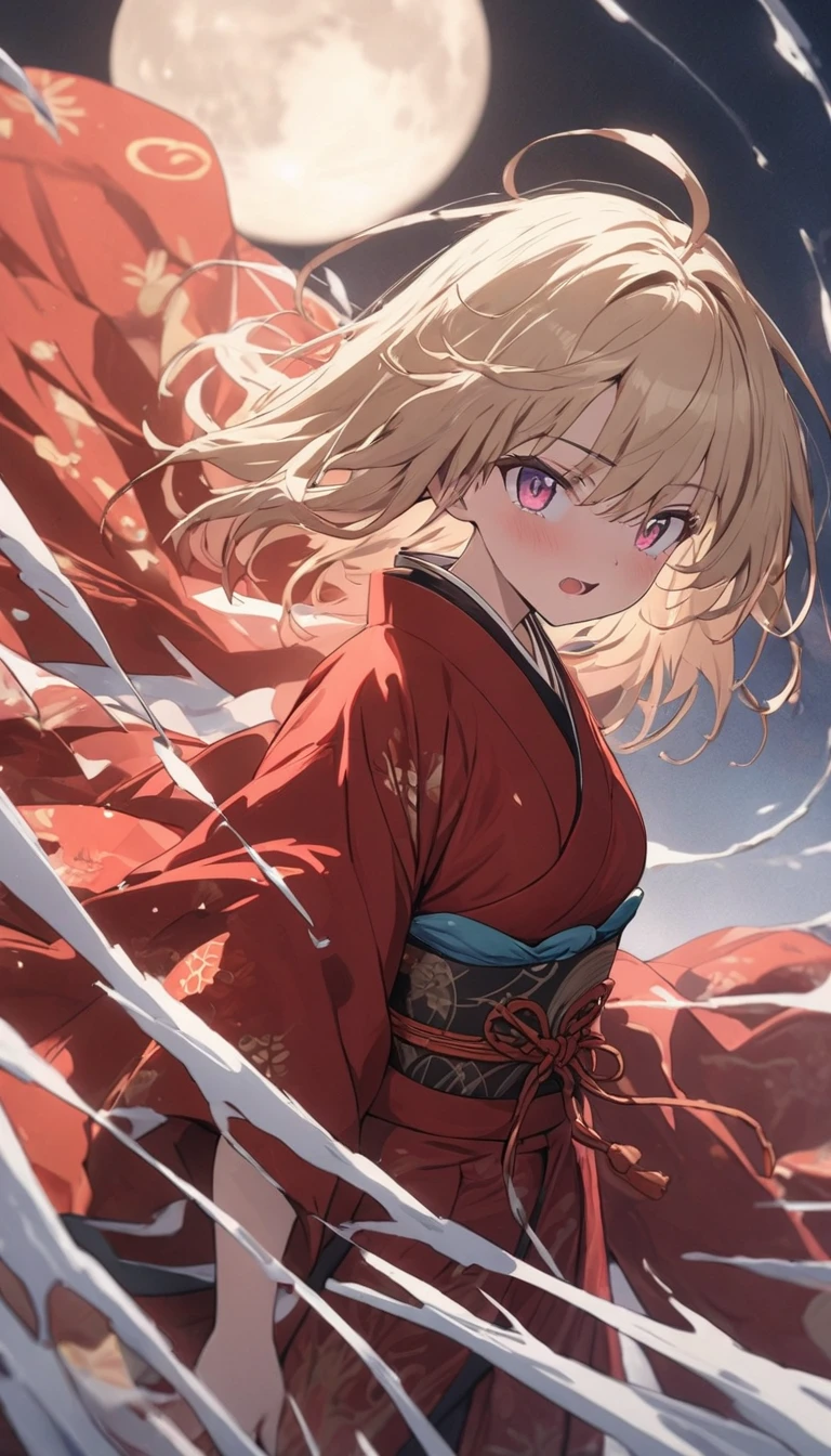 (highest quality、masterpiece、High resolution、detailed), BREAK,(Shining eyes、detailed美しい顔)、anime、masterpiece, anime、, BREAK,highest quality, samurai in red kimono, Fabric flowing through the air, moon, northern grassland, flat style