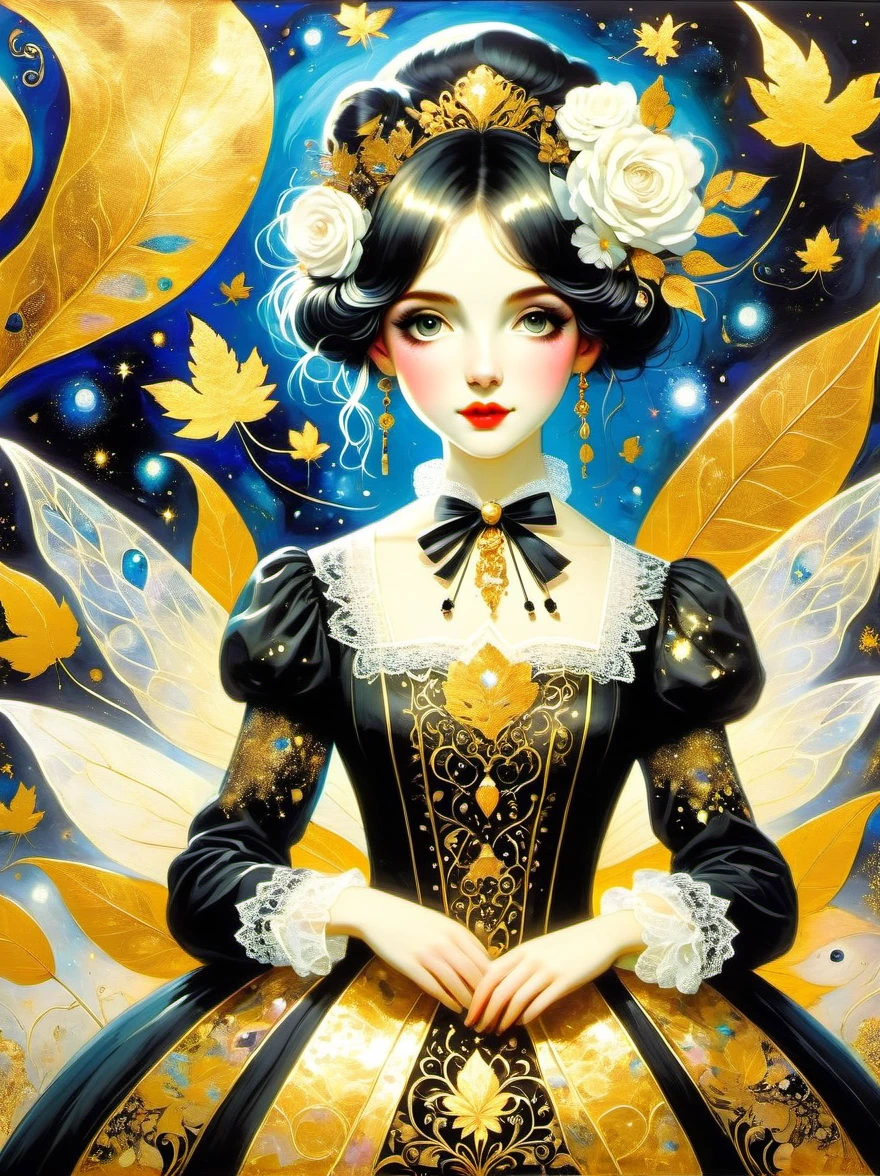 (Gold Leaf Art Style:1.6), gothic lolita, cute, 1girl, solo, full body, black sofa, black dress, absurdres, white lace, ((Marc Chagall style)), magical naive art, primitivism, protogenes, (Higher detail), (gold leaf art:1.5), Best quality, masterpiece, 8k