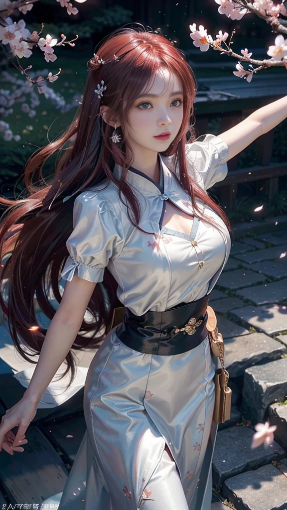 ((logo, masterpiece, 8K, on the table, original photo, wonderful, 最high quality, Photorealistic and hVery detailed CG integrated 8K wallpaper, high quality, Very detailed, narrative poem, particle effect, dynamic effect, Writing border depth, film light, lens flare, Ray tracing, anatomically accurate)), fantasy, 1 beautiful woman, ((bright red hair)), clear eyes, long hair, pretty face, serious, 緻密でbeautiful eyes, beautiful skin, ((Dancing woman, 優雅にDancing woman, 雪景色の中でDancing woman, 激しくDancing woman)), ((long hairがWindでなびく, long hairが跳ねる, long hairがWindで踊る)), hair jump, jewelry, beautiful eyes, White Kimono, white belt, 白いCherry blossomsの刺繍模様, silver earrings, light shine, ((Cherry blossoms, Cherry blossomsの木, Cherry blossomsの花びらが舞う, Cherry blossoms吹雪, falling petals)), Blue sky and white clouds background, 広大なWind景, Wind, grassland, mythical vast land, spectacular view, 美しい自然のWindのWind景, The hair color is red, Cherry blossomsの花びらが舞う, Cherry blossomsの木漂亮乳房、huge breasts:1.4,plump breasts