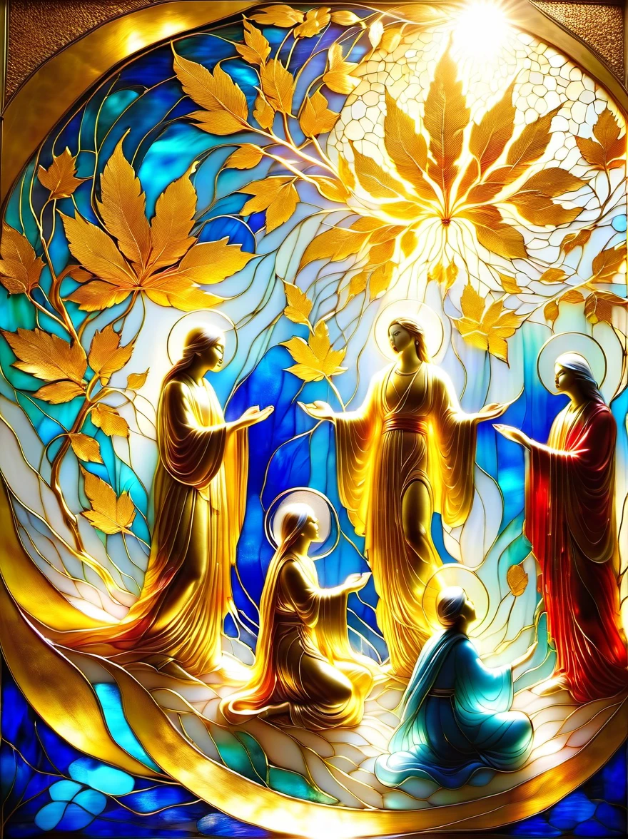 (Gold Leaf Art:1.6), Intricately designed gold leaf art glass windows,Full of red,blue,and golden hues,Gold leaf art brings religious imagery to life,The windows are bathed in soft golden sunlight,Create an ethereal atmosphere around,The presence of figures and the delicate brushwork further enhance the beauty of the composition.