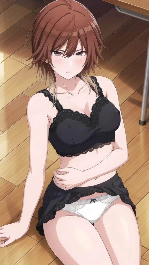 masterpiece, high quality, 8K, beautiful lighting,sunny day, 1 female, alone, Aketa Mikoto, ,((perfect nipples)), ((perfect nipples)),((Medium chest)),((Removed black shirt)),Upper body, (white lace panties),((Detailed tummy)), ((lie on your back)),(Detailed slim thighs),((Close your legs)),((clavicle)),slender body,((Lie on the classroom floor)),brown eyes、Thin, slender arms,Rai,troubled expression,white lace underwear,blush