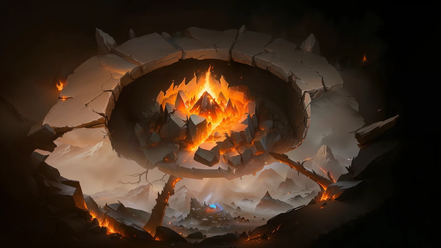 There is a fire pit，there is fire inside，There are rocks around, flame stones are scattered, blizzard,Hearthstone concept art, Holy Fire Spell Art, game concept art, Research the Hell Rift Portal, Portal to the Lost Flame Realm, diablo concept art, Ironmaking pits, Mysterious concept art with high detail, best quality, 8K, [Super detailed], masterpiece, best quality, (Very detailed), Dynamic angle, lifelike, dnd art, fantasy art, realistic art,(strong details, masterpiece, best quality: 1.5)，joist，sacrifice，(runes：1)