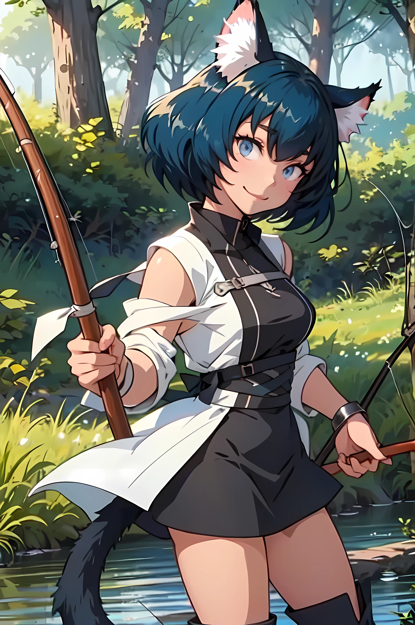 Anime, miria, cat ears, (cat tail), fishing, Chaos, holding (fishing rod) in hand, masterpiece ,pantyhose, boots,magicalgirl body suit, large skirt, :3, smile,standing, forest, blue hair