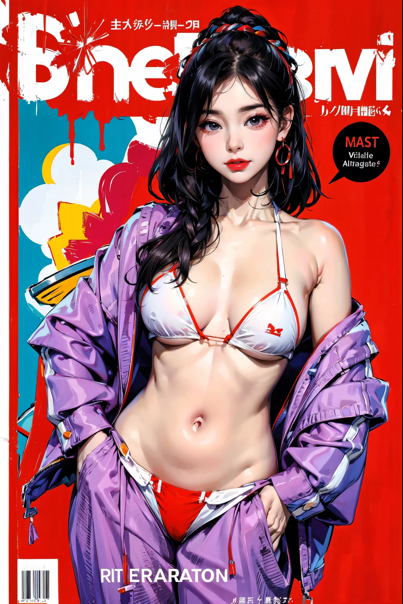 (masterpiece:1.2, best quality), (magazine cover), (colorful Magazine cover with lots of text), brilliant colorful paintings, Comic cover style, glamorous, seductive, stylish, chic, high-fashion, alluring, elegant, trendy, fashionable, radiant, head-turner, dazzling, sophisticated, stunning, dramatic, bold, Asian fashion model with snow-white skin and red velvet lips, wearing a red velvet string bikini.