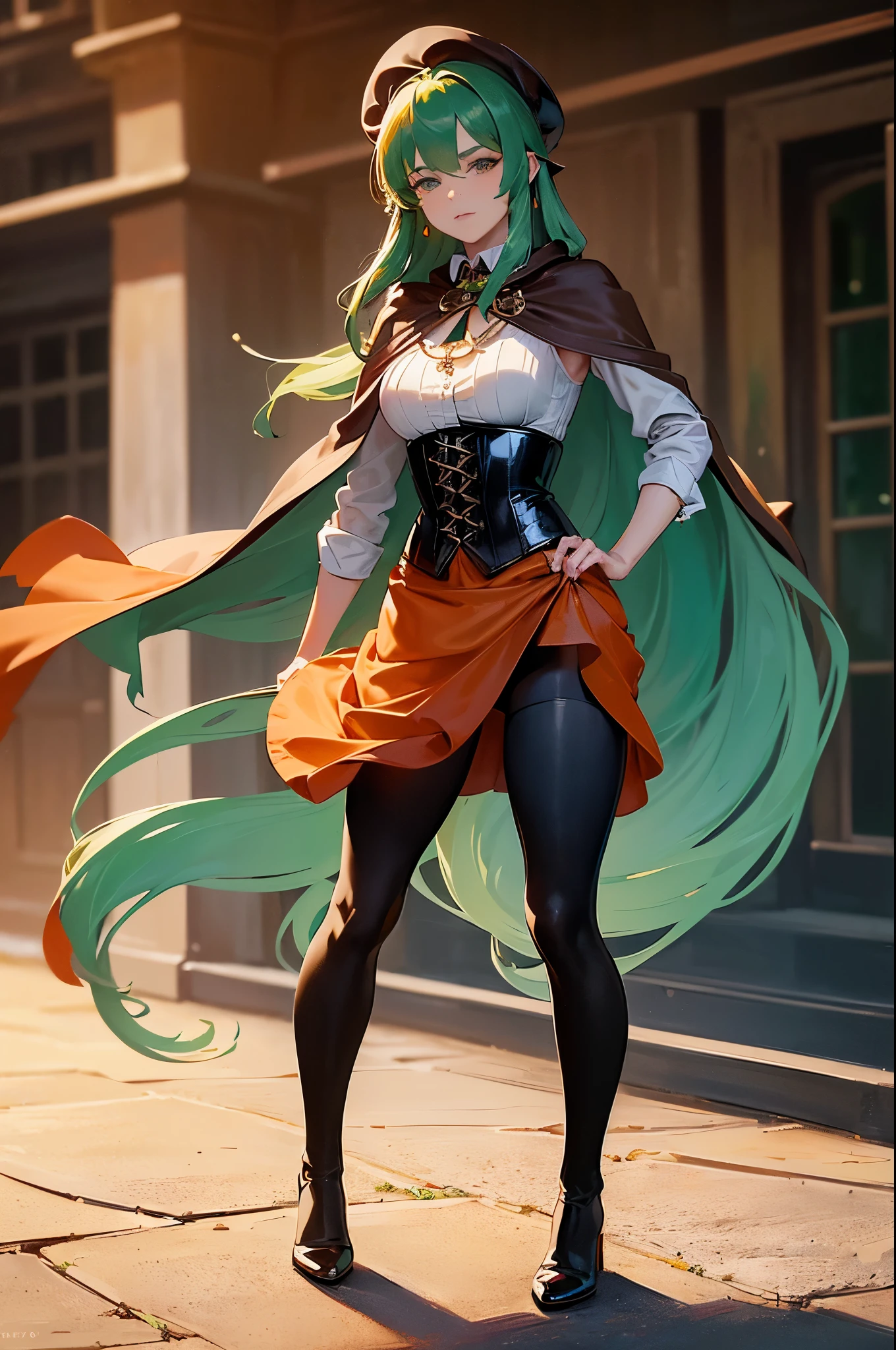 masterpiece, Super detailed, 8K portrait, RAW photo, portrait photography, highly detailed face, beautiful and detailed eyes, ((fantasy)), young and beautiful, 22 years ago, dynamic pose, (((long straight deep green hair))), ((One side is woven with orange ribbon)), dull bangs, beret, white skin color, luxury, hooded (((Dark brown))) (((Silk Long Cloak))) fluttering in the wind, (((dress shirt))), (((silk maxi skirt))), leather corset, (((dark thigh high tights))), High Cut Leather Boots, (((Lift a long magic wand))), ((wear a pocket watch)), midday sun, surreal, body model, small breasts, beautiful breasts, long legs, city, environmental lighting, shadow details , focus the camera on the face, strong wind, light fog