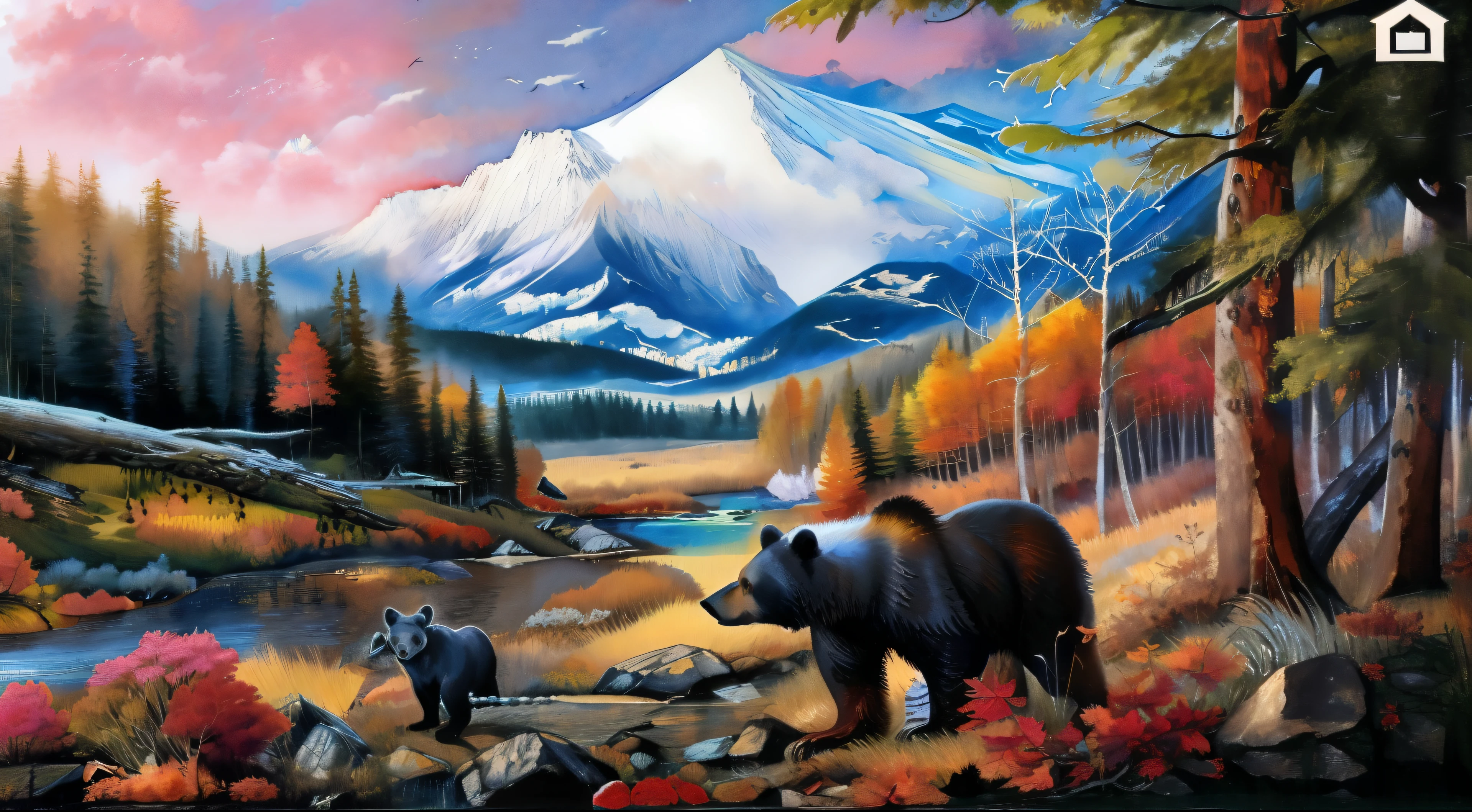 Una pintura que representa un oso y un cachorro en el bosque.,The background is a mountain., Magnificent natural scenery, Beautiful big naturaleza, animales hermosos detallados, naturaleza, Autumn Mountains, obra de arte del paisaje, Pintura majestuosa, arte del paisaje detallado, really Beautiful big naturaleza, Warm and beautiful scene, stunning naturaleza background, naturaleza, scenic mountain setting, hermoso paisaje, Escenas hermosas y detalladas., pintura de animales