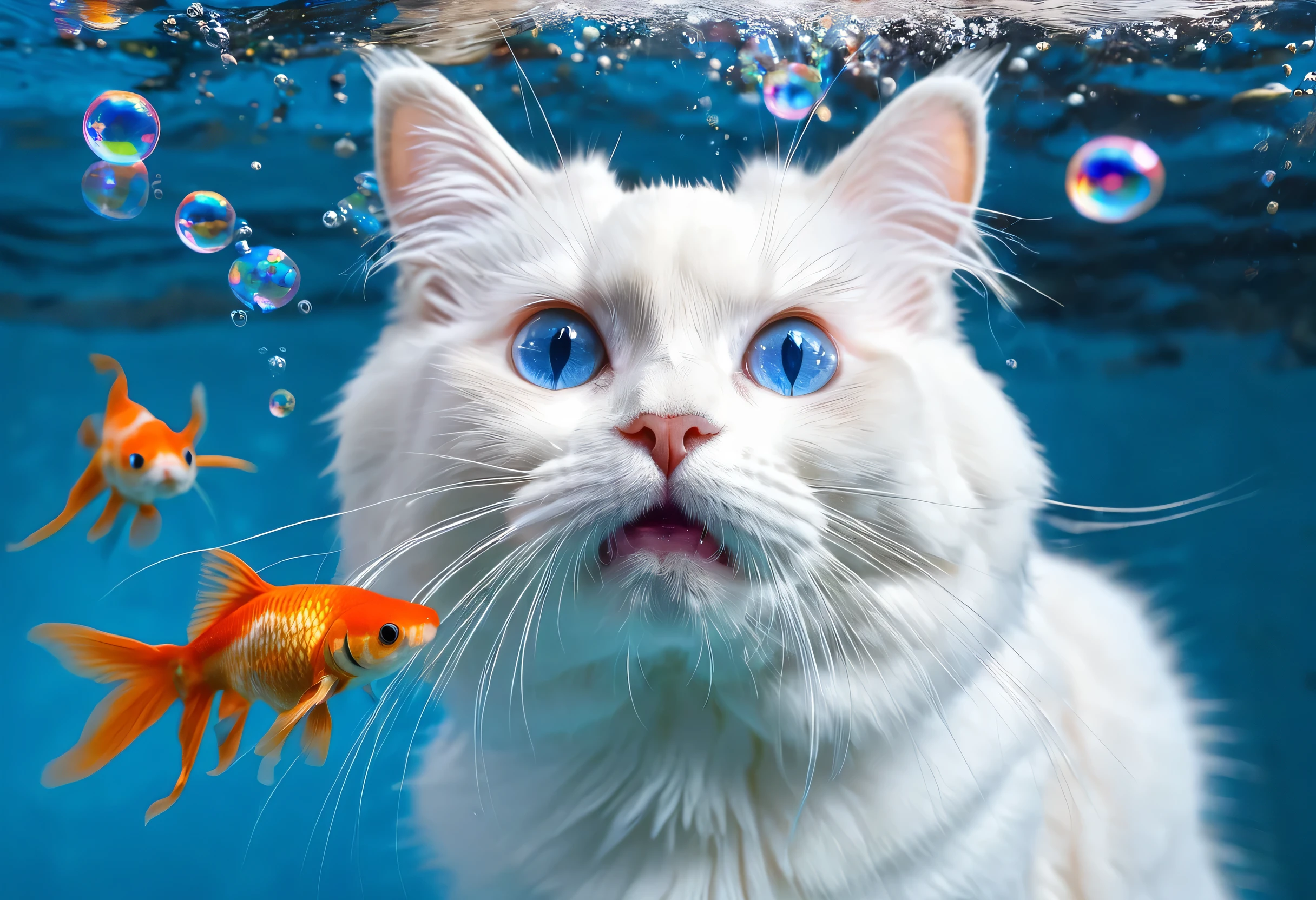 Ragdoll cat, MG mao, Exquisite visuals, high-definition, masterpieces, fish, whiskers, blue eyes, no humans, animal focus, open mouth, looking at viewer, white cat, underwater, bubble, solo, swimming, goldfish, submerged,