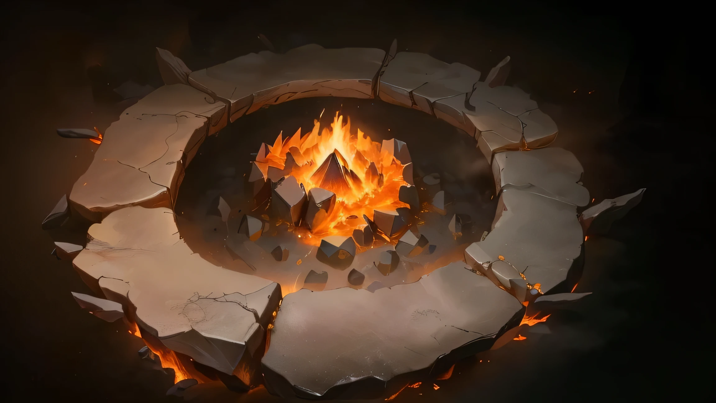 There is a fire pit，there is fire inside，There are rocks around, flame stones are scattered, blizzard,Hearthstone concept art, Holy Fire Spell Art, game concept art, Research the Hell Rift Portal, Portal to the Lost Flame Realm, diablo concept art, Ironmaking pits, Mysterious concept art with high detail, best quality, 8K, [Super detailed], masterpiece, best quality, (Very detailed), Dynamic angle, lifelike, dnd art, fantasy art, realistic art,(strong details, masterpiece, best quality: 1.5)，joist，sacrifice，(runes：1)