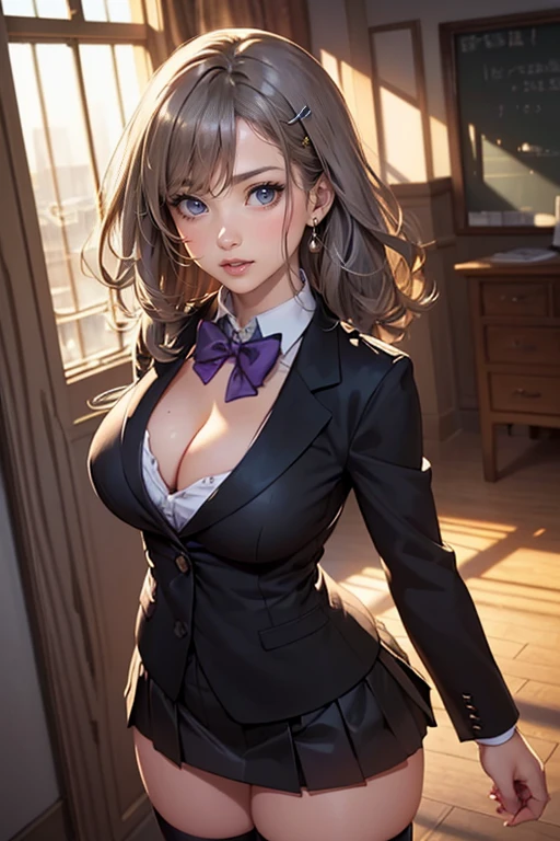 (masterpiece:1.5), (big breasts), 1 girl, young woman, (Beautiful Girl:1.5), (extremely detailed and delicate anime face and eyes:1.5), whole body, (natural light, HDR, extremely details CG:1.3), (dynamic posture:1.3), {correct body anatomy}, (wide hips:1.4), (perfect hands:1.3), single focus, toned body, Beautiful Lips, thick lips, {surreal}, {correct posture}, {minutes details}, {detailed body}, {detailed clothing}, {Bright Eyes}, (cleavage: 1.3), {accessories}, {sexy}, {solo}, (black wafuku: 1.5), (black school uniform: 1.3), (Short black blazer: 1.5), (black blouse: 1.3), long sleeves jacket, (short skirt: 1.3), skirt, (bowtie: 1.3), hairclip, jewelry, earrings, (brown thighhighs: 1.5), loafers, (medium hair: 1.5), (permed hair: 1.3), (gray hair: 1.5), (swept bangs: 1.3), (lilac eyes: 1.3), disdain,