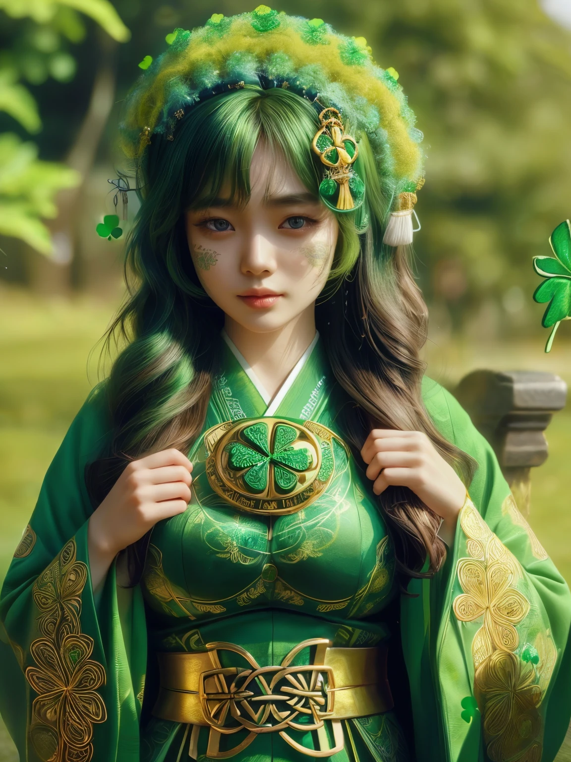 Hyper-realistic portrait of a Japanese girl celebrating Saint Patrick's Day, Celtic-inspired outfit and accessories, intricate and detailed design, close-up, shallow depth of field, soft lighting, high resolution, accurate representation, unique, creative, well-lit, clear details, Canon EOS R5, 100mm lens, f/1.8, elegant, sophisticated, well-composed, unique pose, green and gold colors