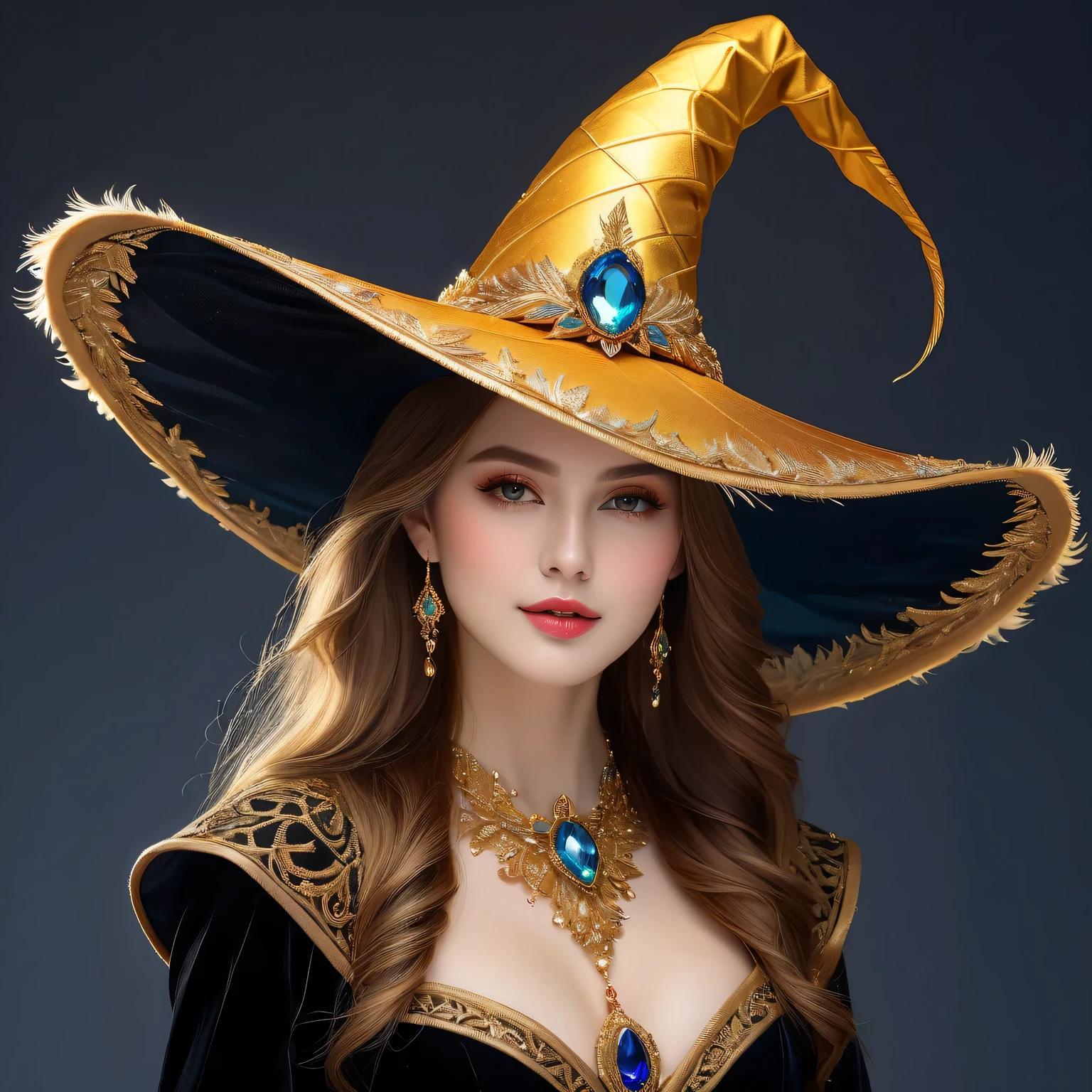 (best quality,ultra-detailed,realistic:1.37),luxurious golden witch hat,A beautiful witch,detailed golden threads,exquisite embroidery,golden Leaf embellishments,ornate Gold feather trim,majestic and enchanting witch hat,rich and vibrant colors,vivid and shimmering gold,noble and elegant design,sparkling gemstone accents,dazzling light reflection,mesmerizing and graceful silhouette,enchanting and mystical haze,studio lighting,masterpiece:1.2