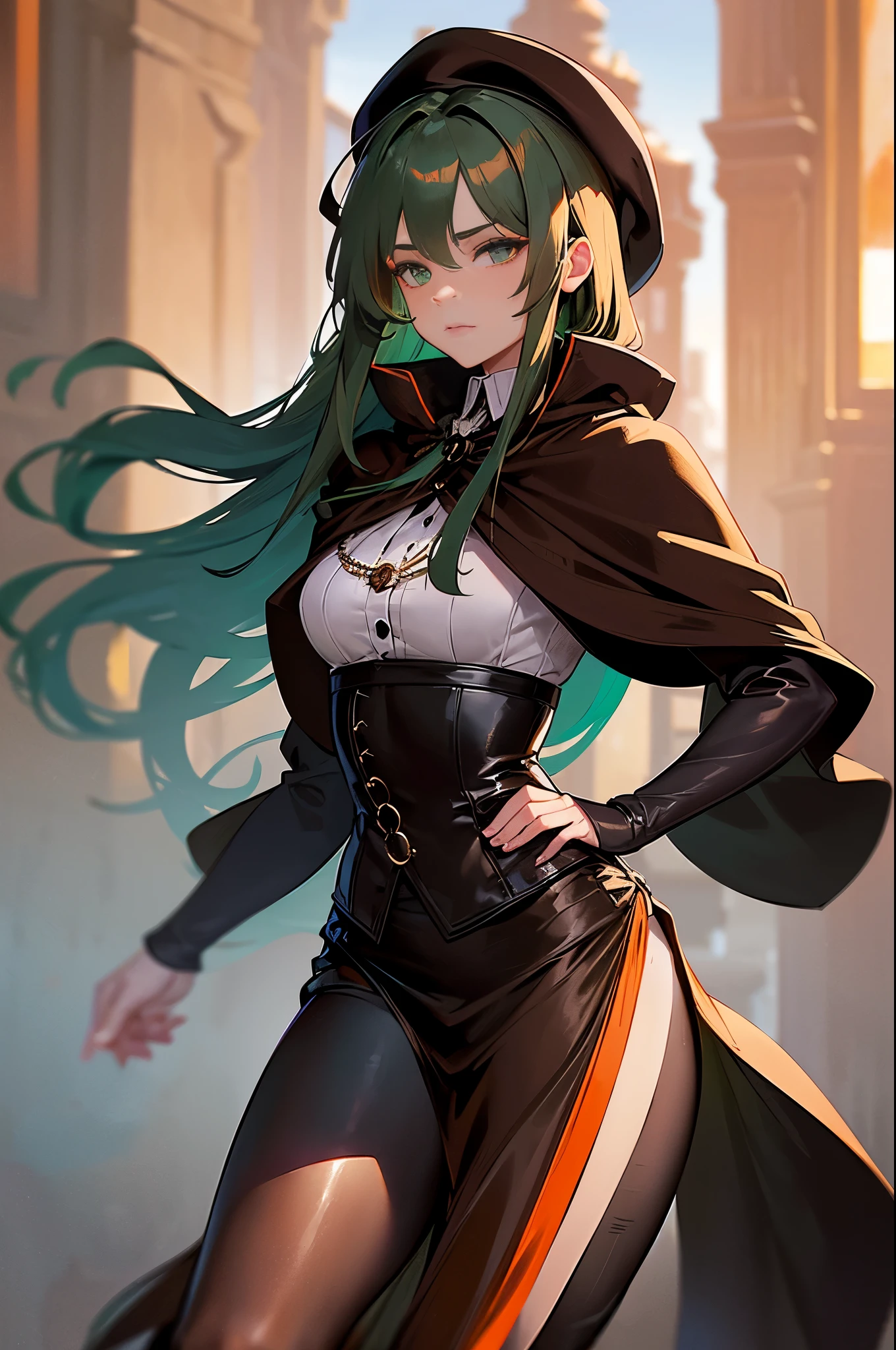 masterpiece, Super detailed, 8K portrait, RAW photo, portrait photography, highly detailed face, beautiful and detailed eyes, ((fantasy)), young and beautiful, 22 years ago, dynamic pose, (((long straight deep green hair))), ((One side is woven with orange ribbon)), dull bangs, beret, white skin color, luxury, hooded (((Dark brown))) (((Silk Long Cloak))) fluttering in the wind, (((dress shirt))), (((silk maxi skirt))), leather corset, (((dark thigh high tights))), High Cut Leather Boots, (((Lift a long magic wand))), ((wear a pocket watch)), midday sun, surreal, body model, small breasts, beautiful breasts, long legs, city, environmental lighting, shadow details , focus the camera on the face, strong wind, light fog