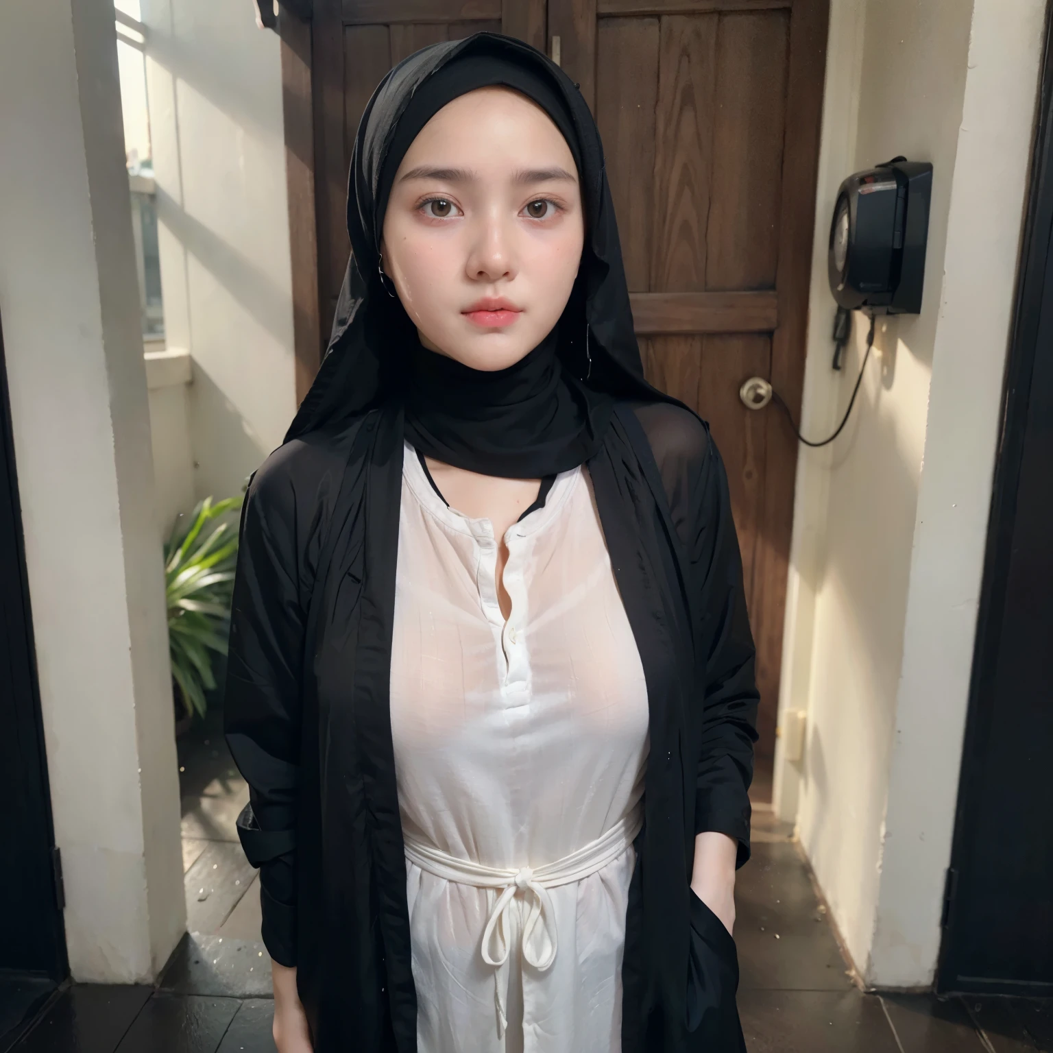 (( 1girl, muslim girl, nude, fully naked, showing beautiful nipples, showing beautiful pussy, unbuttoned hijab, really wet, really wet clothes, see thru, wearing really wet long abaya hijab, splashing water)),(8K, rich detail, crisp detail, sharp image, RAW photo, highest quality, High resolution:1.1), (hyperrealistic:1.4),(realistic, photorealistic:1.3), soft light,realistic face,realistic body,realistic skin,disorganized,masterpiece,(cute:1.8), 165cm height, 16 years old, (((baby face, round face))), ((Beautiful big breast)), ((medium length, floating hair, (dark hair)), hair), cold, fine black eyes,innocent eyes,droopy eyes,Watery eye,blush,good style,colorful lights,film Grain,,look viewer,((full Body photograph)), teenager,professional lighting,portrait,photon mapping,radio city,Physically based rendering, japanese girl, in front of my front door