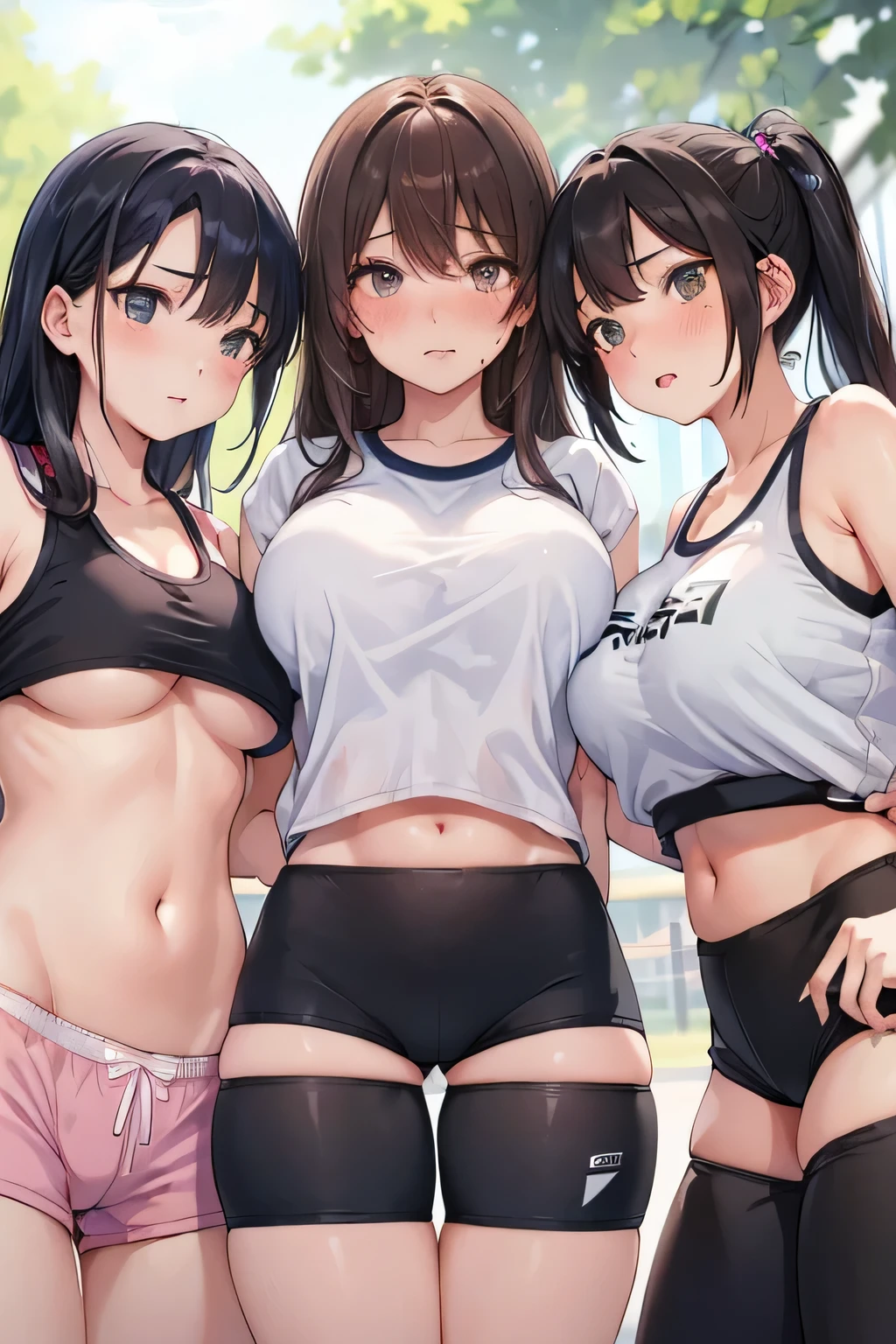(highest quality:1.4)、(High resolution)、detailed background、(detailed beautiful face:1.4)、(Depict the normal number of fingers:1.2)、(detailed facial expressions)、realistic、beautiful and smooth skin、age beauty、(three women:1.3)、(huge breasts:1.3)、brown hair、long black hair、ponytail、Perfect body line、attractive thick thighs、cowboy shot、
(Two girls are worried about the tightness of their gym shorts in the schoolyard:1.5)、
(Fixing the bite of panties:1.5)、(underboob:1.3)、Angle looking up from below、Zoom up from below、
blushing with an embarrassed look、So embarrassed and cute、cold eyes、Hamiketsu、cameltoe