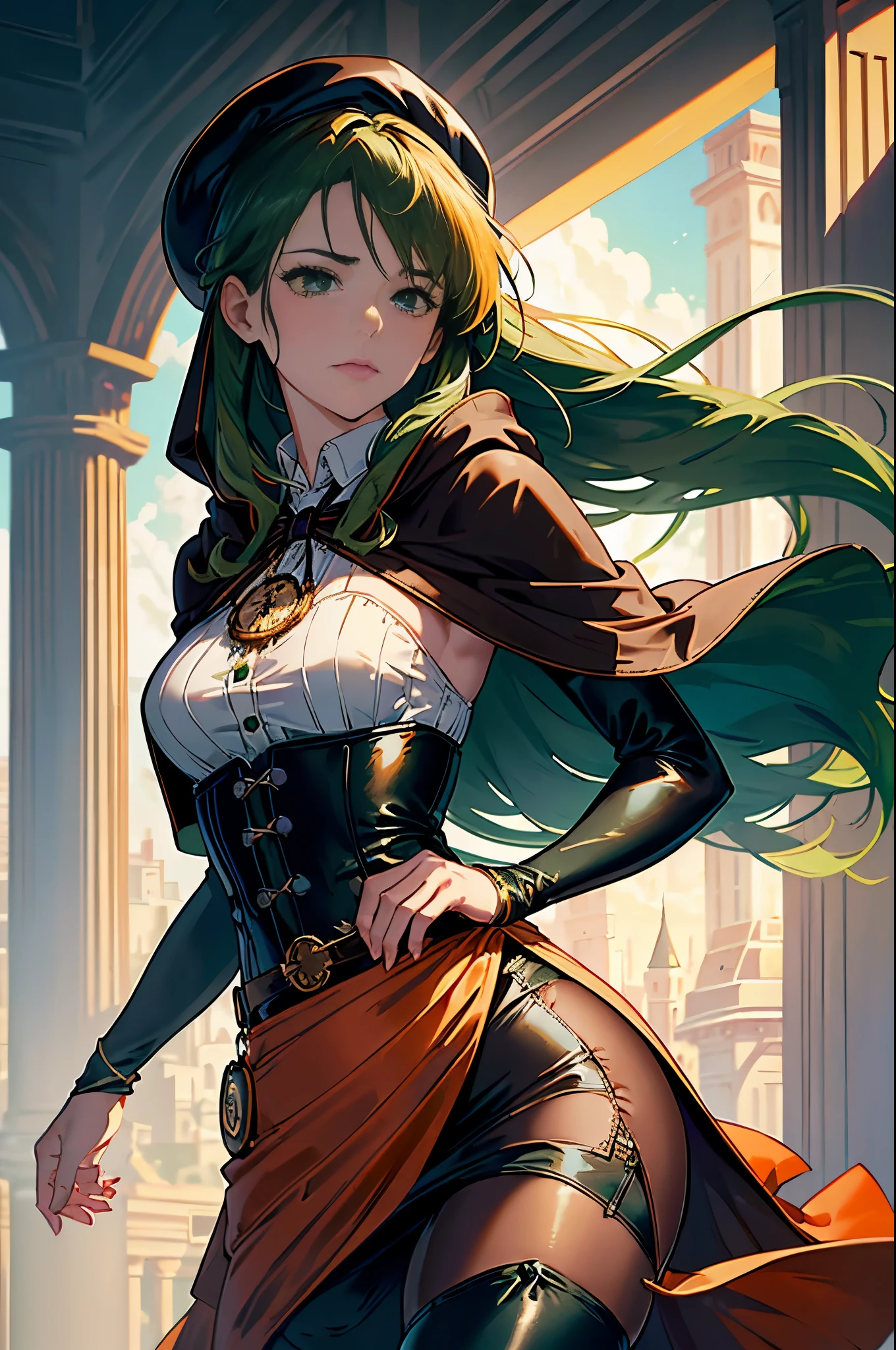 masterpiece, Super detailed, 8K portrait, RAW photo, portrait photography, highly detailed face, beautiful and detailed eyes, ((fantasy)), young and beautiful, 22 years ago, dynamic pose, (((long straight deep green hair))), ((One side is woven with orange ribbon)), dull bangs, beret, white skin color, luxury, hooded (((Dark brown))) (((Silk Long Cloak))) fluttering in the wind, (((dress shirt))), (((silk maxi skirt))), leather corset, (((dark thigh high tights))), High Cut Leather Boots, (((Lift a long magic wand))), ((wear a pocket watch)), midday sun, surreal, body model, small breasts, beautiful breasts, long legs, city, environmental lighting, shadow details , focus the camera on the face, strong wind, light fog