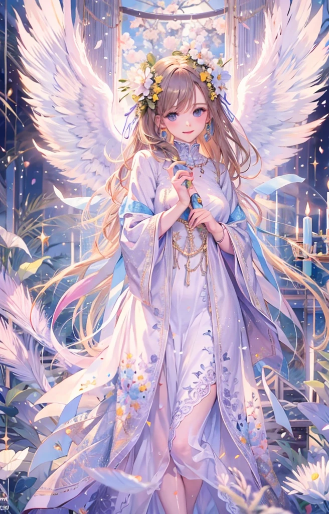 ((highest quality)), ((masterpiece)), (get used to it), perfect face , beautiful girl , Angel , Beautiful white , There are many feathers in the background , flower ,
