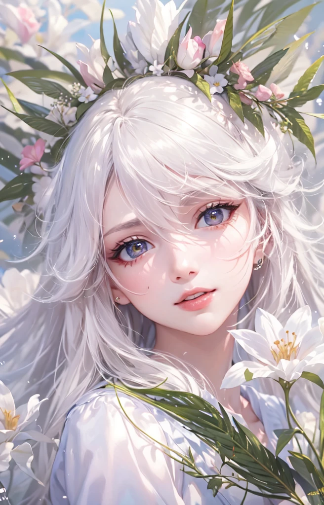 ((highest quality)), ((masterpiece)), (get used to it), perfect face , beautiful girl , Angel , Beautiful white , There are many feathers in the background , flower ,