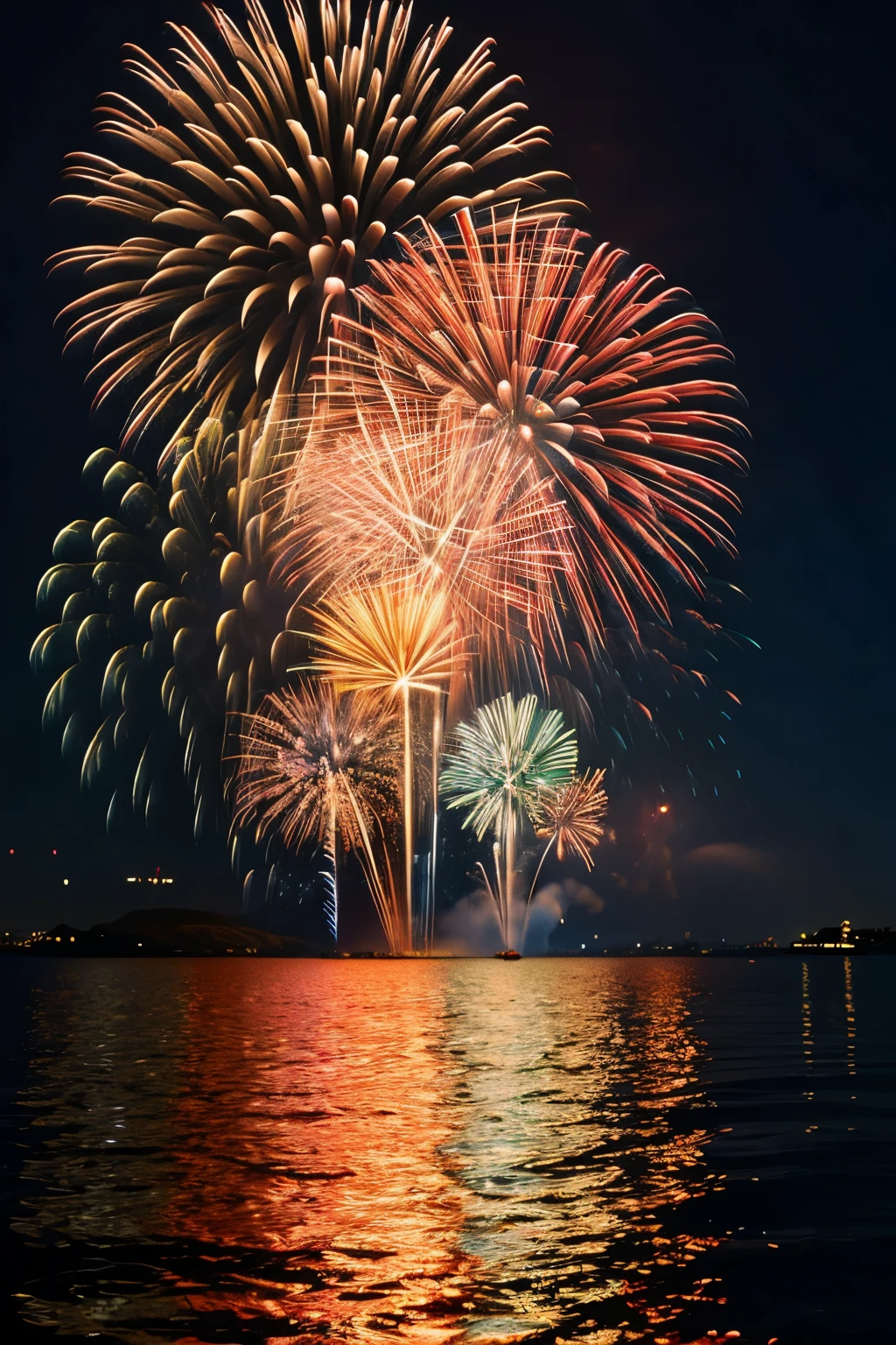 Fireworks display at night　realistic　Fireworks reflecting on the surface of the water　