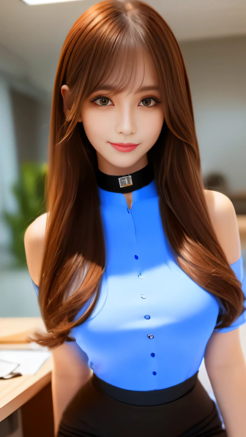 ((highest quality, 8K, Representative works in detail, ultra high resolution)), (looking at the viewer), (cowboy shot), attractive woman, ((big breasts)), smile, ((black choker)), slim body shape, (Blue colored contacts), long eyelashes, bangs, Beautiful shiny brown hair, Nogizaka Idol, slim face、((office worker))